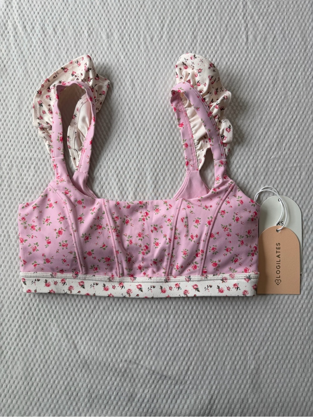 Blogilates Pink Floral Ruffle-Trim Sports Corset Bra